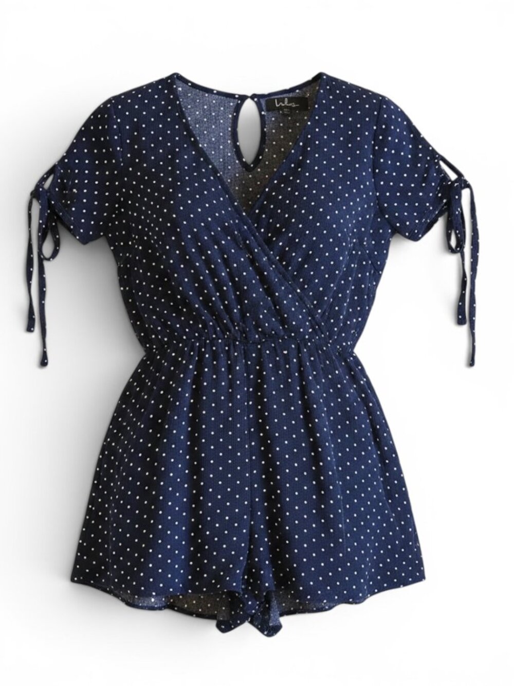 Lulus Navy Blue Polka Dot Romper XS Tie Sleeve Surplice Boho